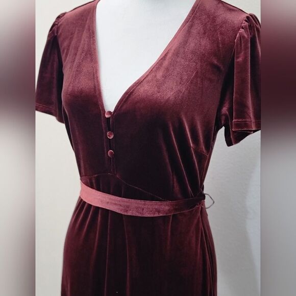 Sanctuary Airy Night Slit Midi Dress Dark Dusty Red Velvet Belted HOCO Size S - Picture 7 of 16